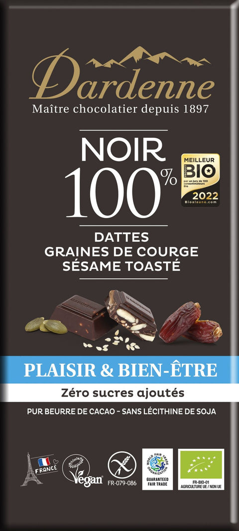 Tablette chocolat noir aux dattes, graines de courges et sésame BIO - 100g