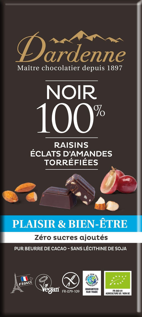 Tablette chocolat noir aux raisins et éclats d’amandes BIO - 100g