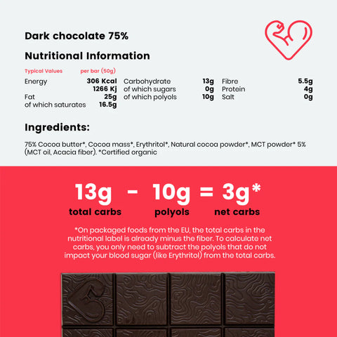 Dark chocolate bar 75% Sugar free Organic - 50g