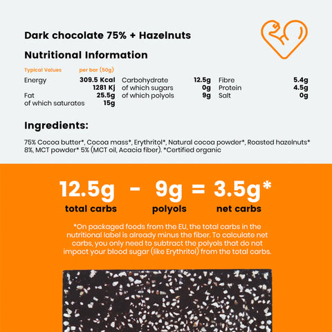 Dark chocolate & hazelnuts bar 71% Sugar free Organic - 50g